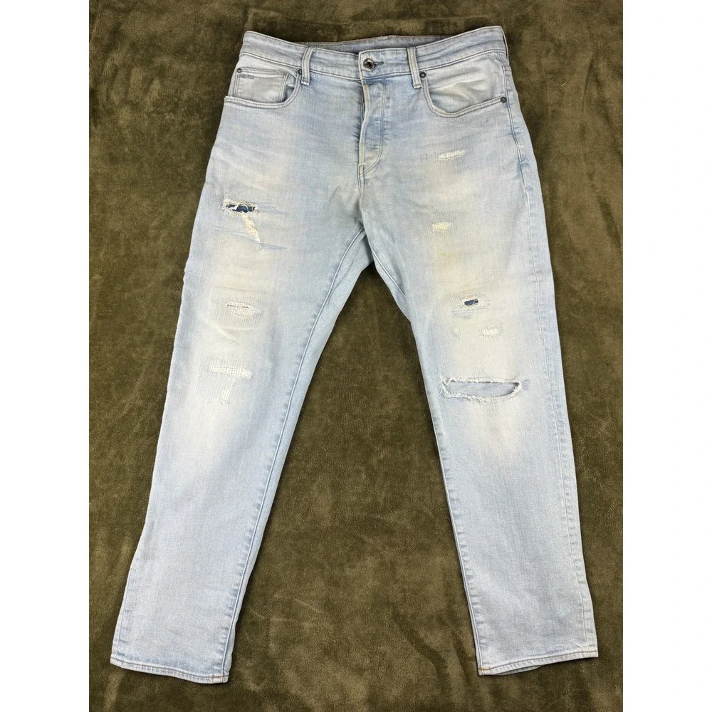 G-Star RAW 3301 Slim Light Wash Distressed Ripped Repaired Jeans Mens 33x28.5